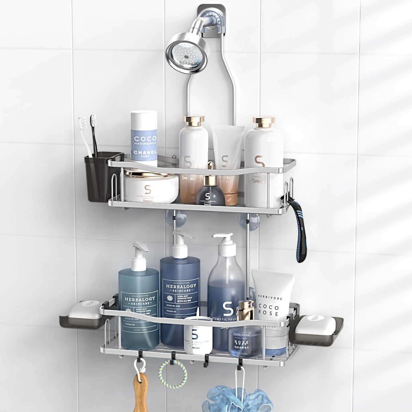Hanging Shower Caddy Bathroom Organizer: Rustproof Shower Shelf Racks Over Shower Head - No Drilling