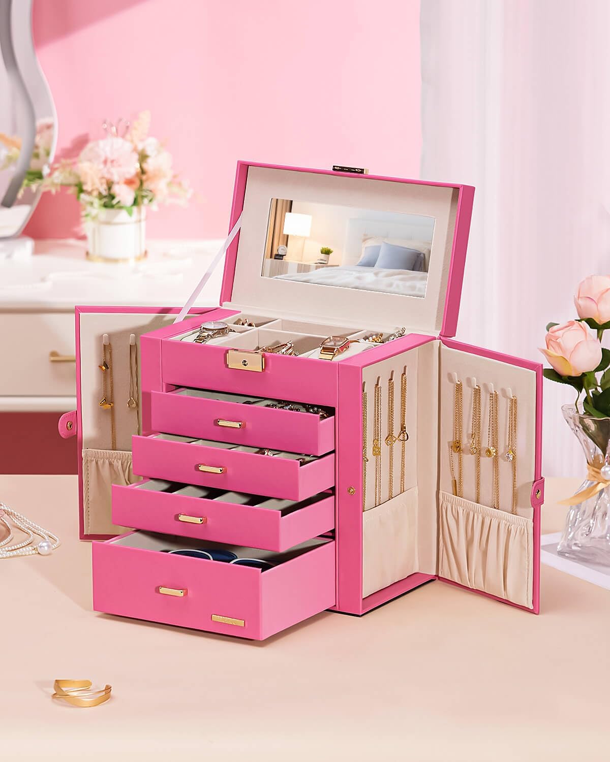 Synthetic Leather Huge Jewelry Box Mirrored Watch Organizer Necklace Ring Earring Storage Lockable