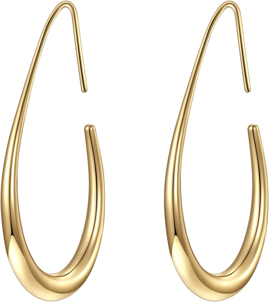 Lightweight Teardrop Hoop Earrings for Women - 14k Gold/White Gold Plated Large Oval Pull Through Hoop Earrings High