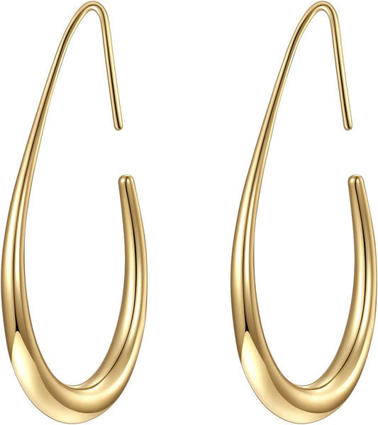 Lightweight Teardrop Hoop Earrings for Women - 14k Gold/White Gold Plated Large Oval Pull Through Hoop Earrings High
