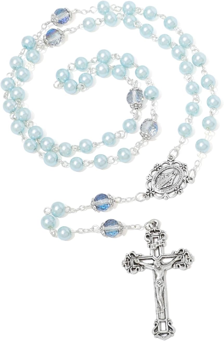 6mm Pearl Rosary Beads With Crucifix - Women's Catholic Prayer Necklace, Gift Box & Pouch Included