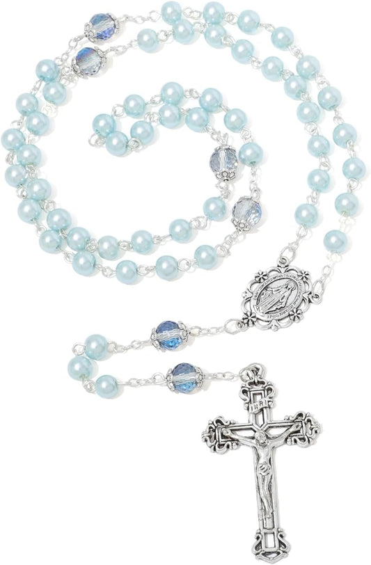 6mm Pearl Rosary Beads With Crucifix - Women's Catholic Prayer Necklace, Gift Box & Pouch Included