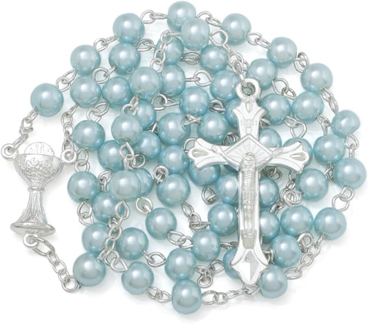 6mm Pearl Rosary Beads With Crucifix - Women's Catholic Prayer Necklace, Gift Box & Pouch Included