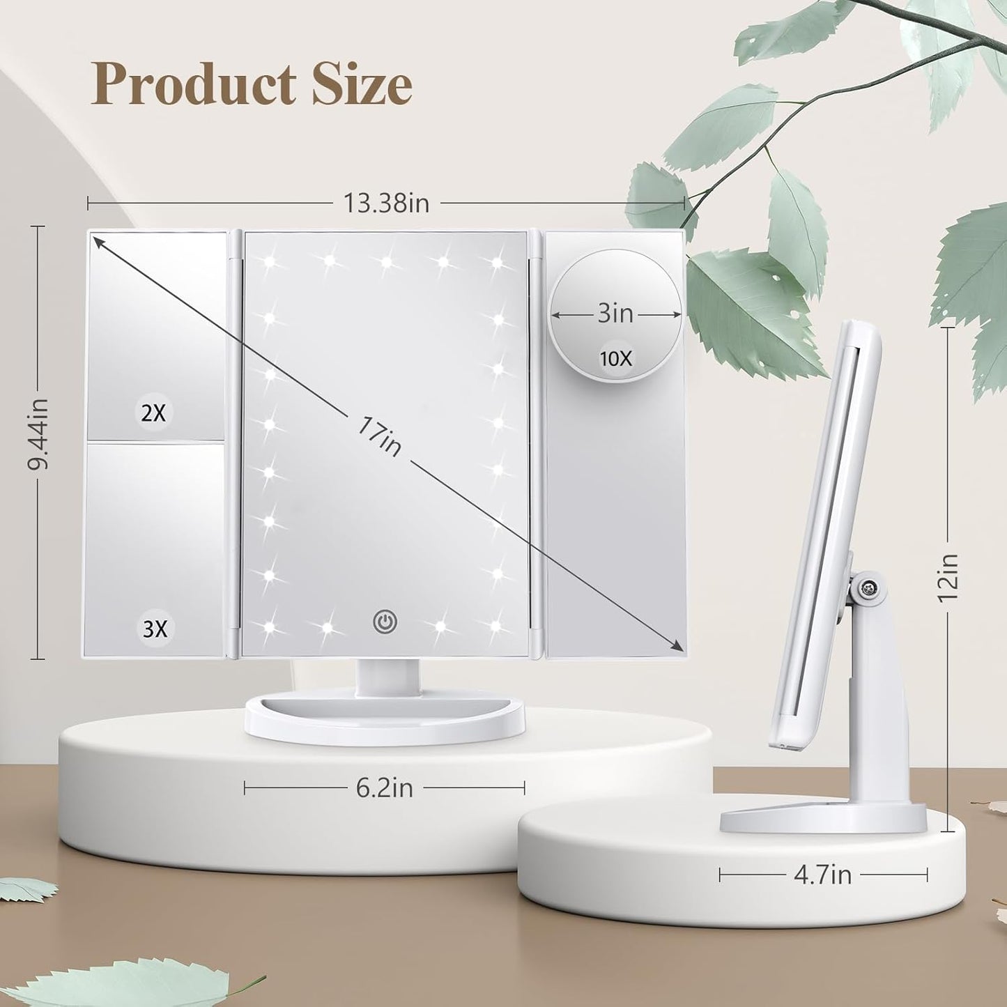 Makeup Mirror Vanity Mirror with Lights, 2X, 3X, 10X Magnification, Touch Control, Trifold, Modern Style