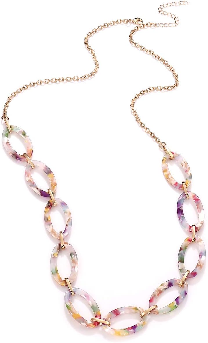 Leopard Print Necklace, Tortoise Acrylic & Metal Link Choker Collar for Women