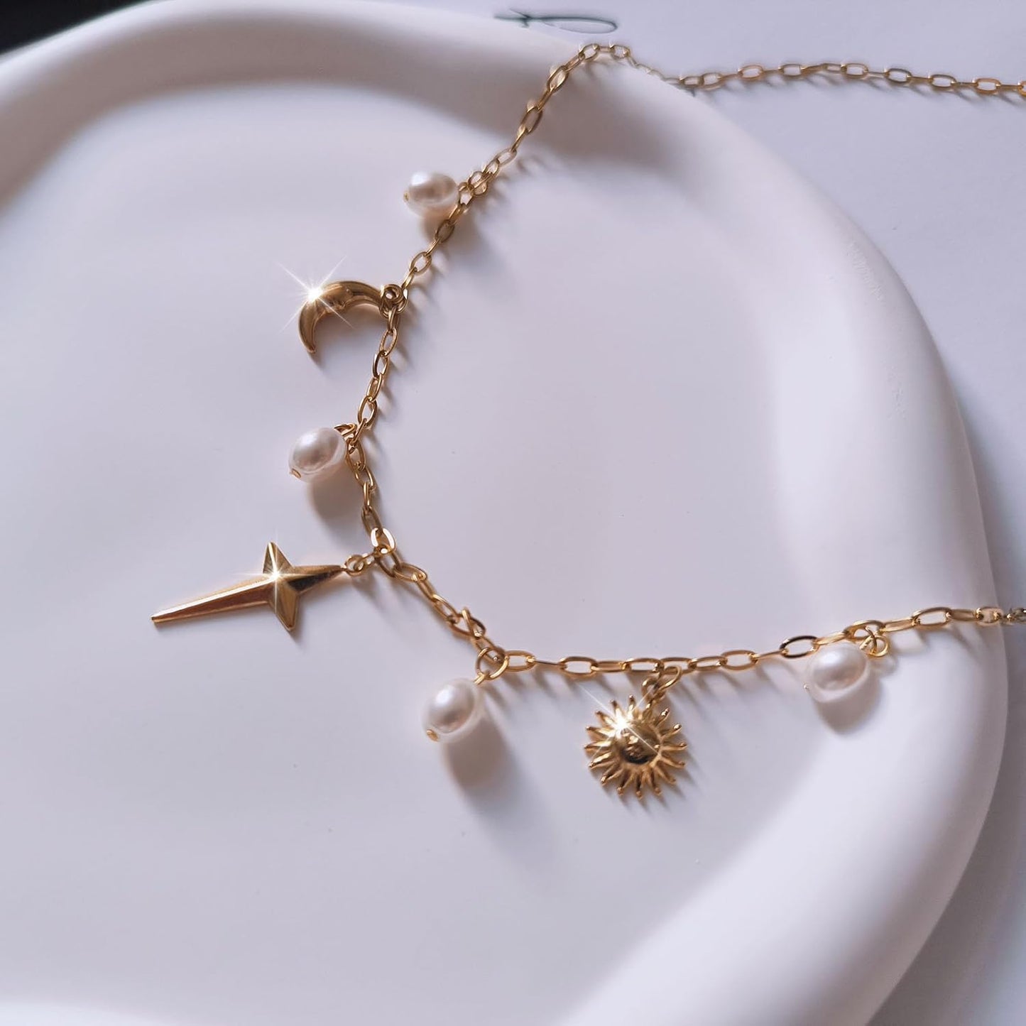 Dainty Gold Paperclip Charm Necklace With Shell, Moon, Star, Cross & Hexagram Pendant - Non-Tarnish Summer Beach Jewelry For Women