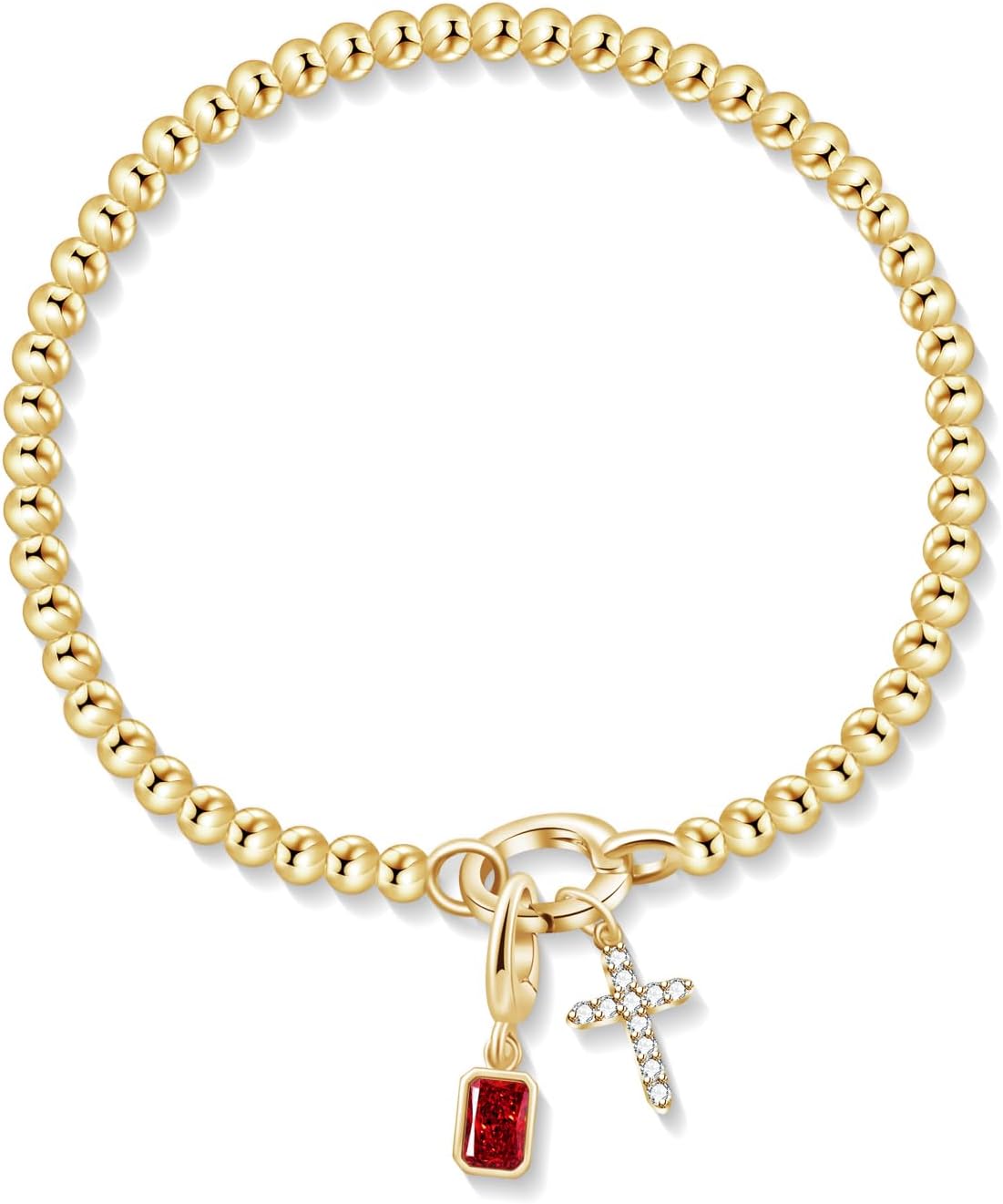 Free bird Cross Birthstone Bracelet | Dainty 14K Gold Plated Cross Charm Bracelet | Stretchable Elastic Gold Beaded Bracelet