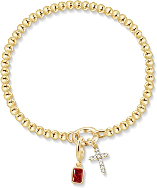 Free bird Cross Birthstone Bracelet | Dainty 14K Gold Plated Cross Charm Bracelet | Stretchable Elastic Gold Beaded Bracelet