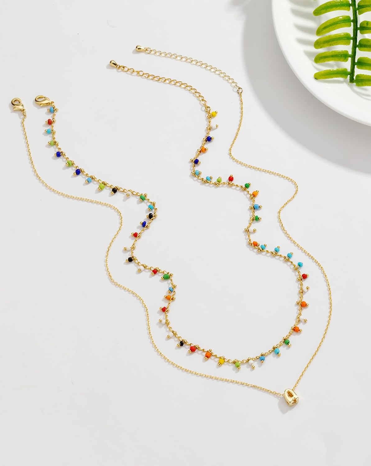 Colorful Bead Layered Initial Necklace for Women - Dainty Letter Choker, Personalized Beach Jewelry Gift