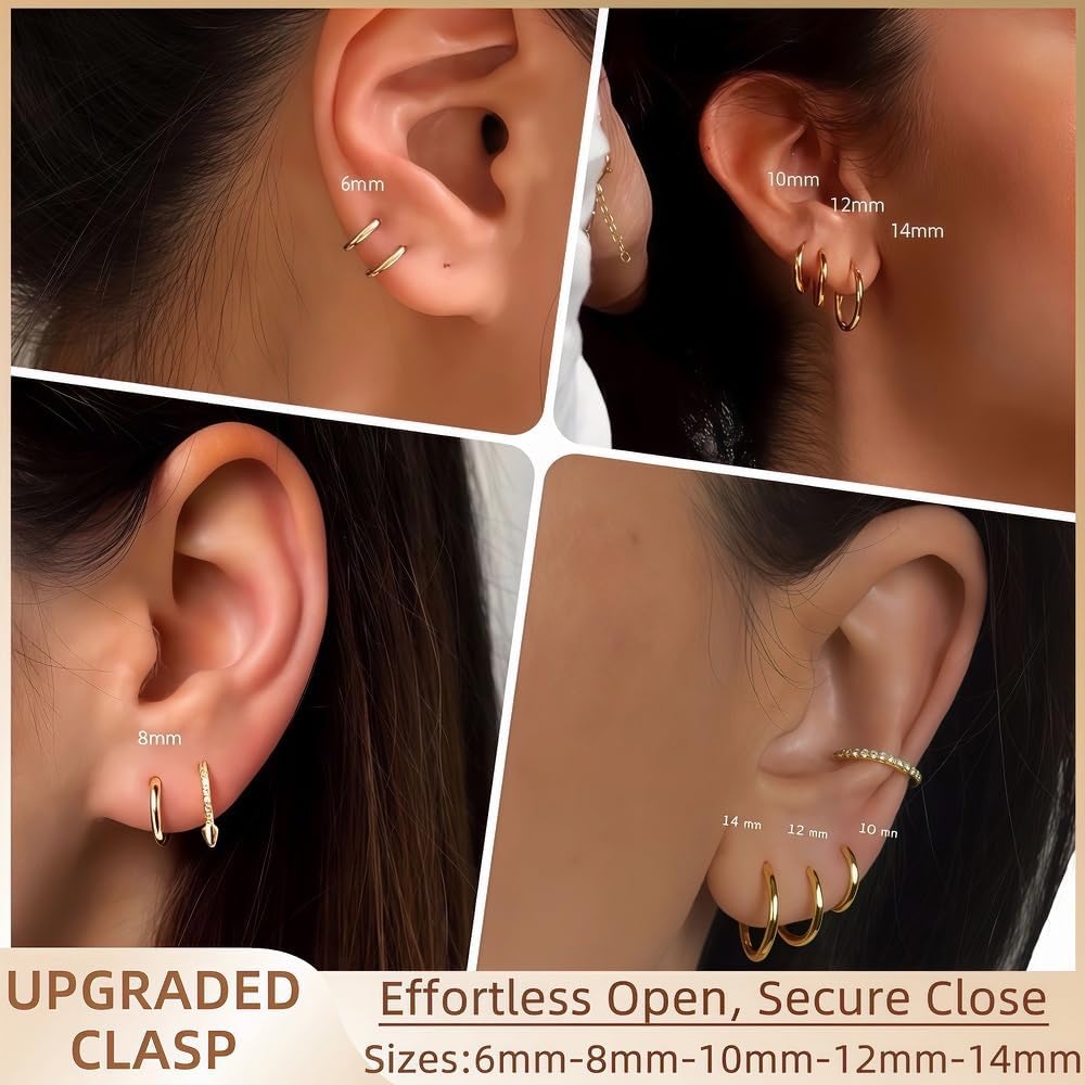 5 Pairs 14K Gold Plated Huggie Hoop Earrings for Women - Lightweight Minimalist Small Hoops,  Sensitive Ears, Multiple Piercing Stack Set