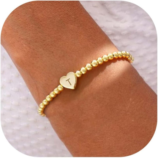 Beaded Bracelets for Women Dainty Heart Initial Bracelet Letter A-Z Charm Bracelet for Women Stretch