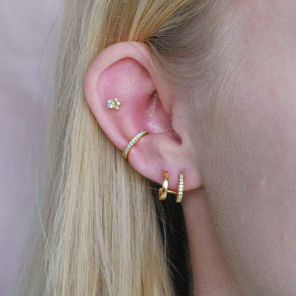 14K Gold Plated Triple Huggie Illusion Stud Earrings | Double Huggie Hoop Earrings for One Hole | Gold Hoop Earrings for Women