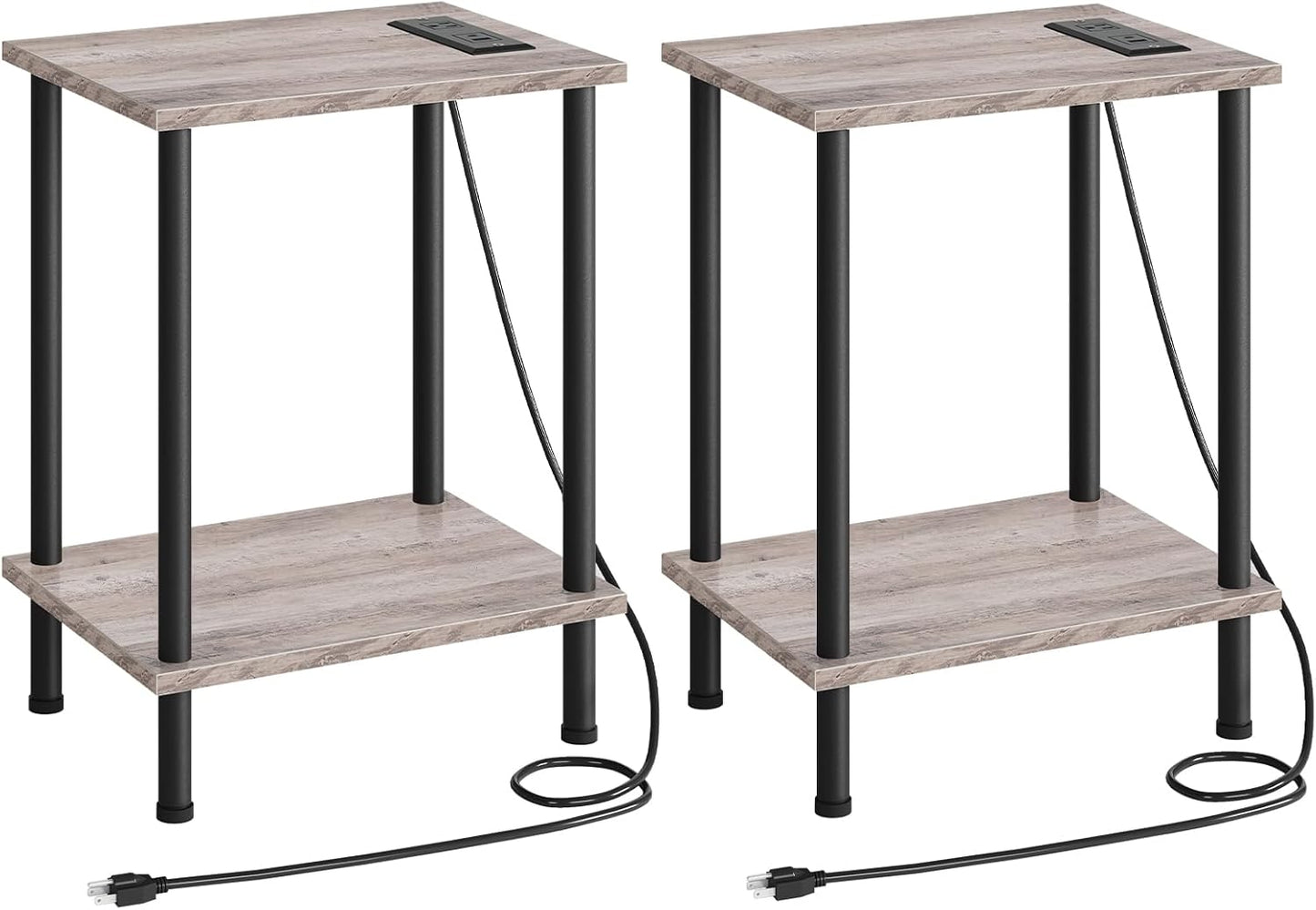 Set of 2 End Tables with USB Port and Outlets, Nightstand with 2-Layer Storage Shelves