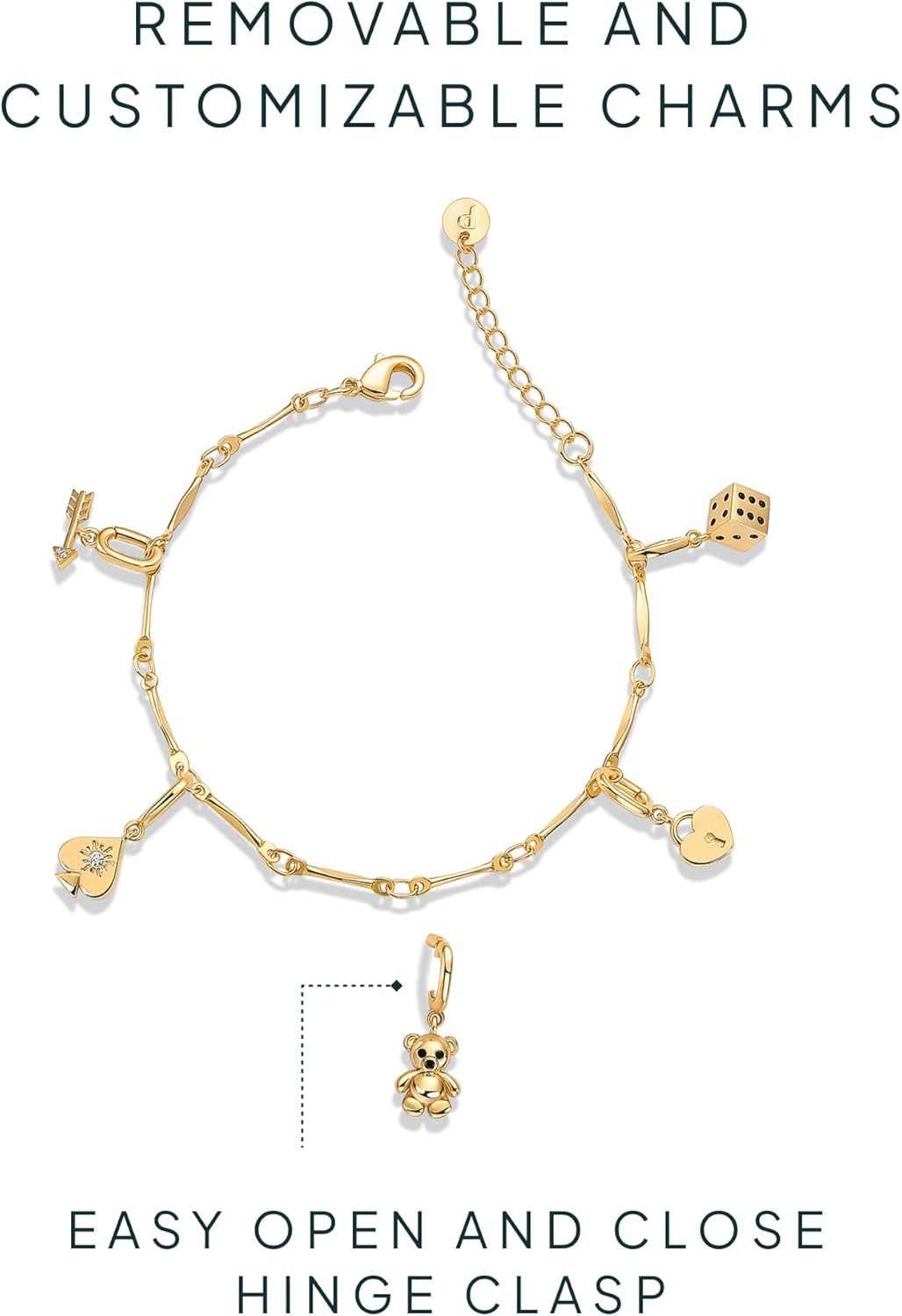 14K Gold Plated Adjustable Bracelet for Women | Twisted Bar & Paperclip Charm Chain Bracelets with Moon, Evil Eye