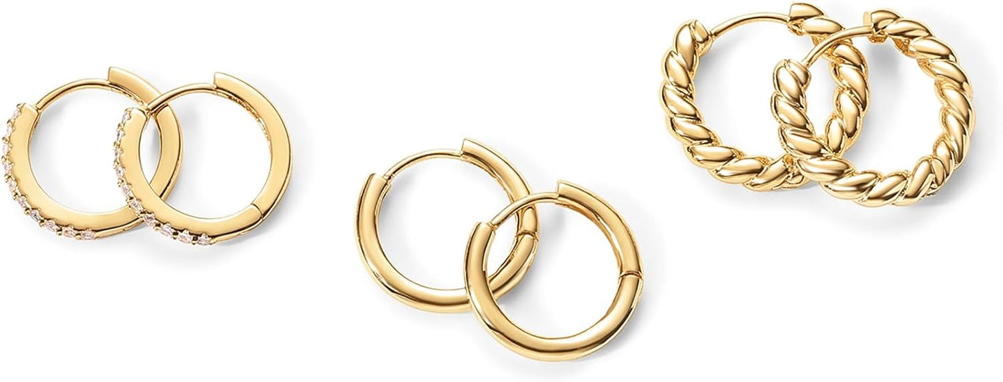 14K-18K Yellow Gold Plated Sterling Silver Posts Three Pairs Small Hoop Earrings for Women - Statement Gold Hoop Earrings Set
