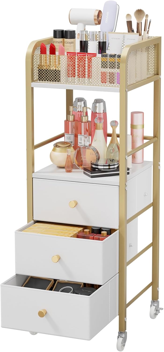 Rolling Makeup Cart Organizer - Floor Skincare Make Up Storage with 3 Non-woven Fabric Drawers