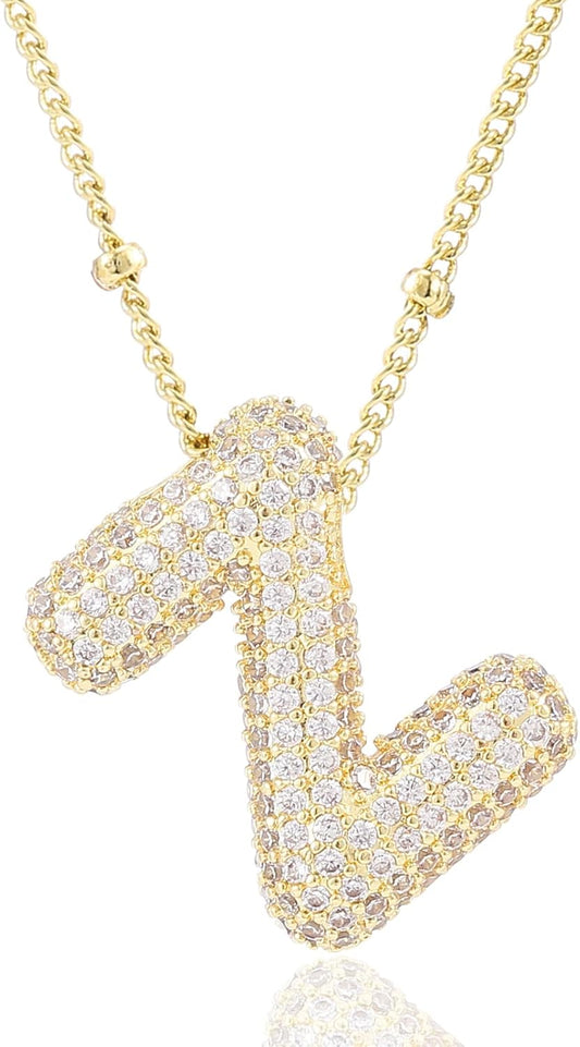 Personalized Chunky Initial Necklace: 14K Gold Plated Bubble Balloon Charm Pendant for Women
