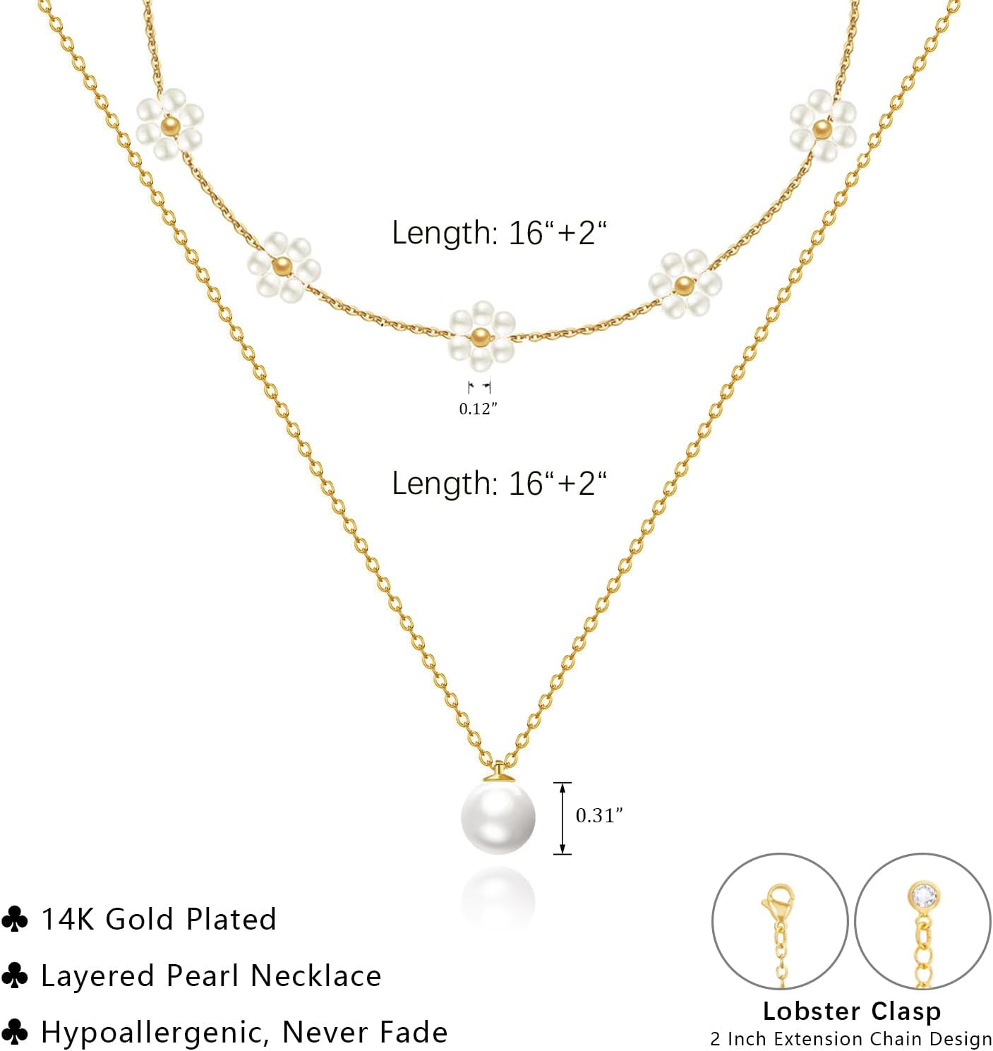 14K Gold Plated Pearl Necklace Set, Dainty Layered Daisy Pearl Choker, Trendy Stackable Jewelry Gift for Women
