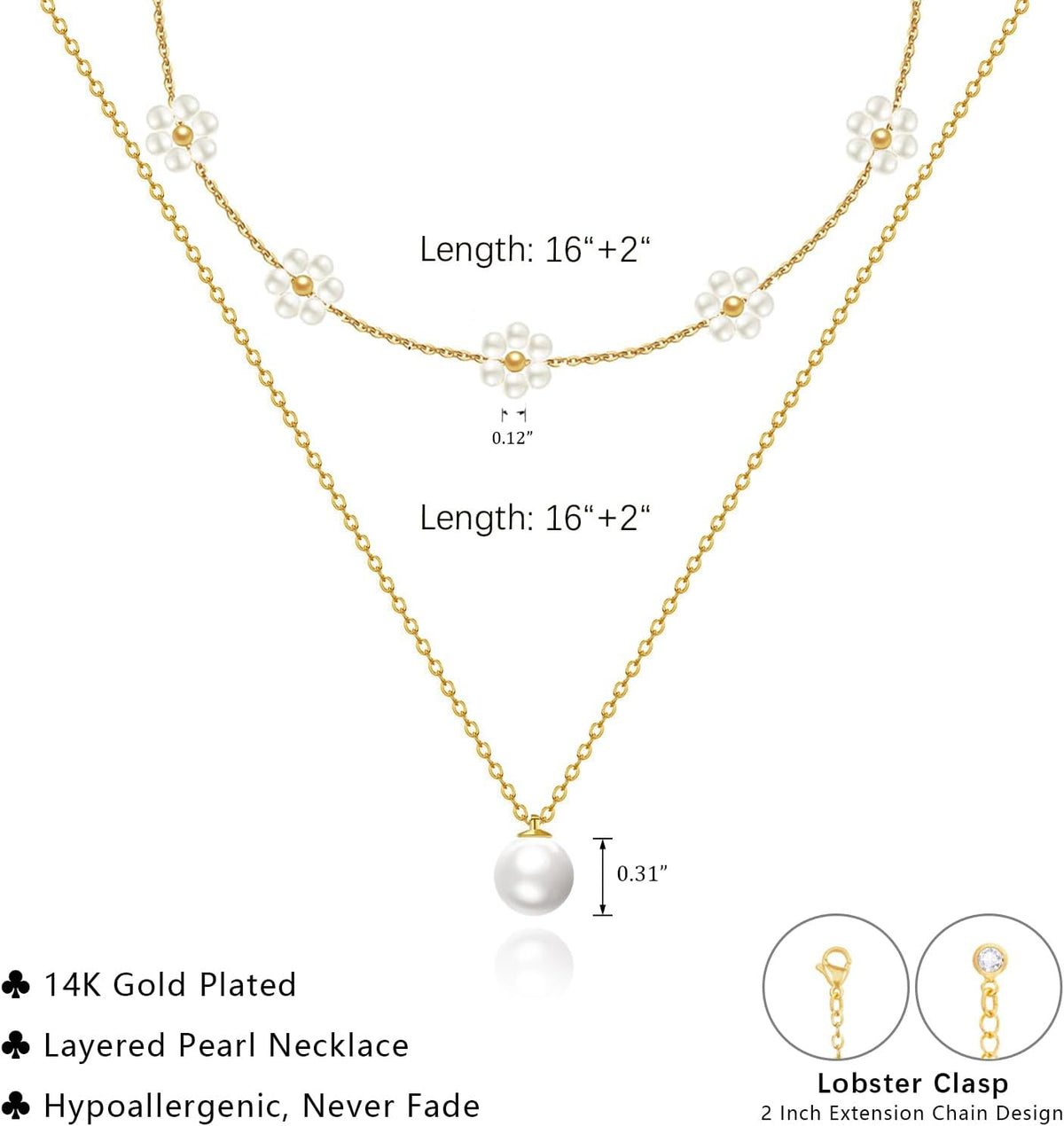 14K Gold Plated Pearl Necklace Set - Layered Daisy & Pearl Choker, Dainty Gift