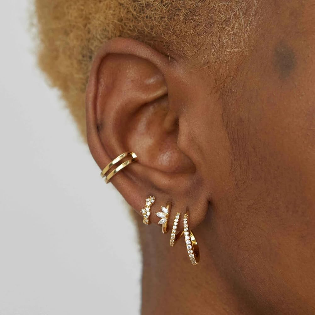 14K Gold Plated Triple Huggie Illusion Stud Earrings | Double Huggie Hoop Earrings for One Hole | Gold Hoop Earrings for Women