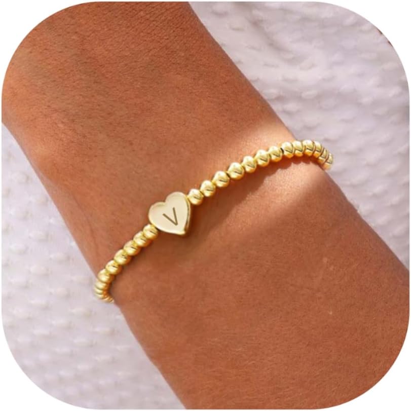 Beaded Bracelets for Women Dainty Heart Initial Bracelet Letter A-Z Charm Bracelet for Women Stretch