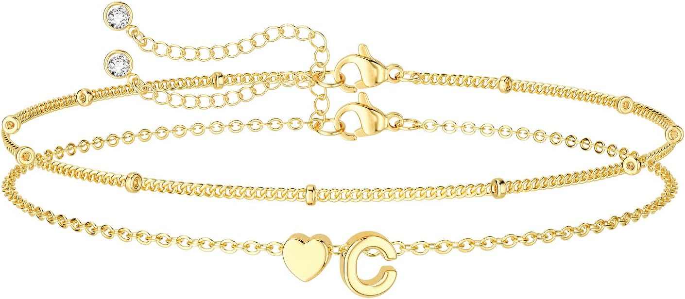 Dainty Initial Heart Gold Bracelets for Women Trendy, 14K Real Gold Letter Charm Bracelet Jewelry