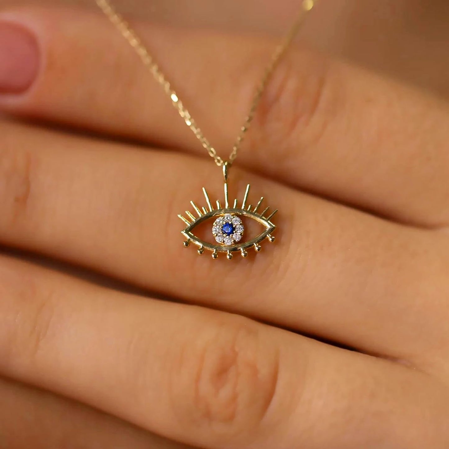 Evil Eye Necklace: 14K Gold Plated Blue CZ Diamond Boho Pendant for Women, Protection Gift