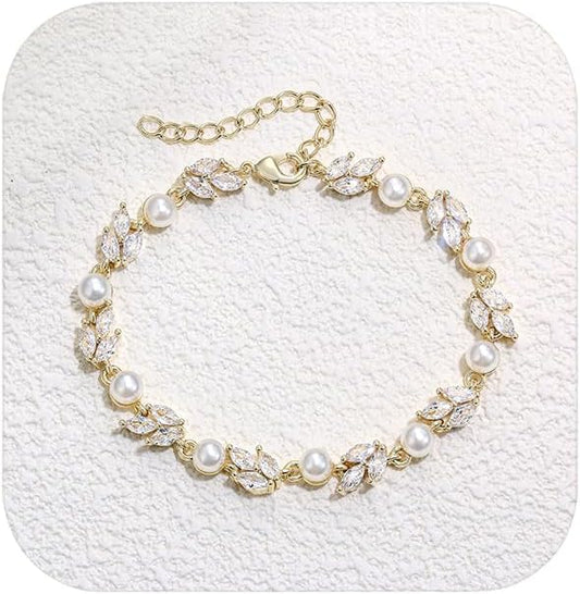 Crysdue Wedding Bridal Link Bracelet for Brides Bridesmaids, Marquise Cubic Zirconia Tennis Bracelets for Women Prom Jewelry