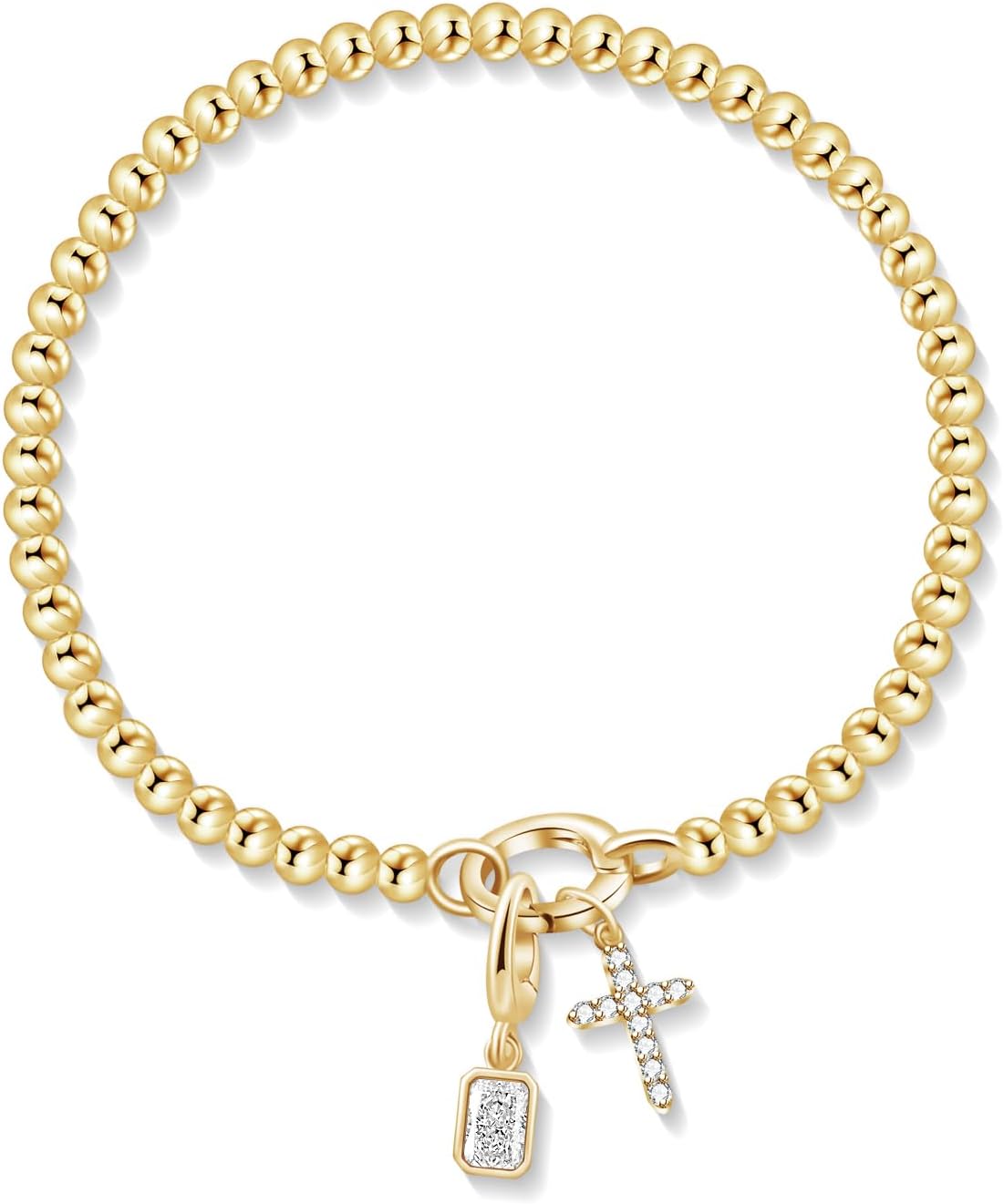 Free bird Cross Birthstone Bracelet | Dainty 14K Gold Plated Cross Charm Bracelet | Stretchable Elastic Gold Beaded Bracelet
