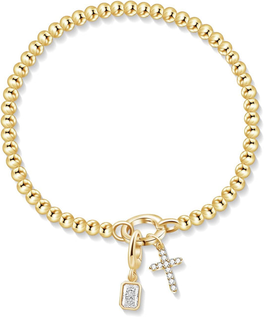 Free bird Cross Birthstone Bracelet | Dainty 14K Gold Plated Cross Charm Bracelet | Stretchable Elastic Gold Beaded Bracelet