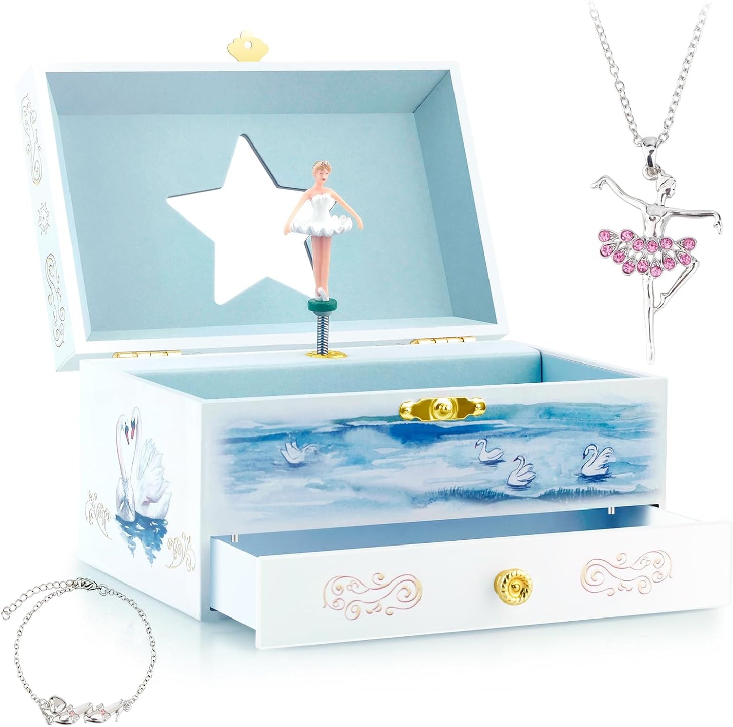 Kids Musical Jewelry Box for Girls with Drawer and Jewelry Set with Ballerina Theme