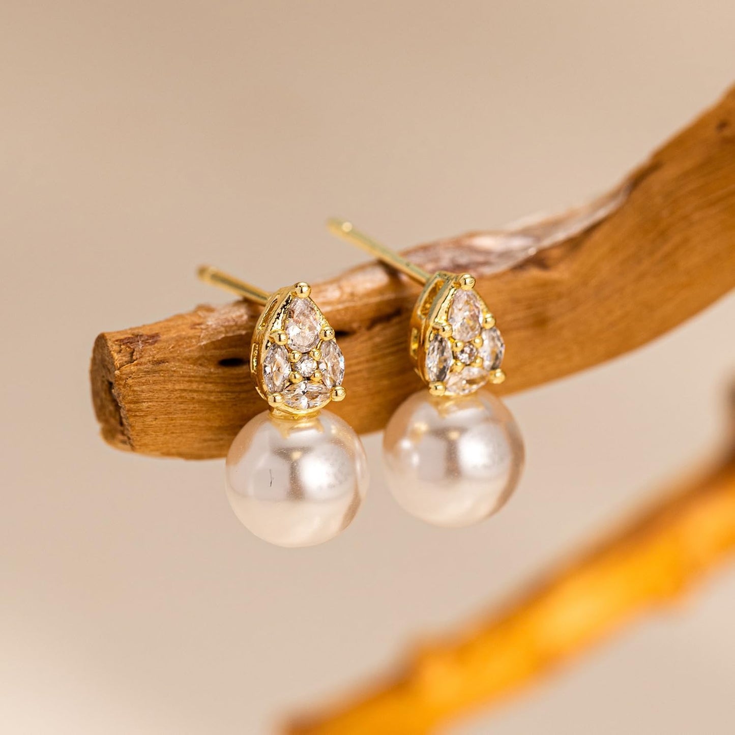 Pearl Earrings: 14k Gold-plated Cubic Zirconia Accented Pearl Drop Dangle Wedding Engagement Earrings For Women Bridal Bridesmaid