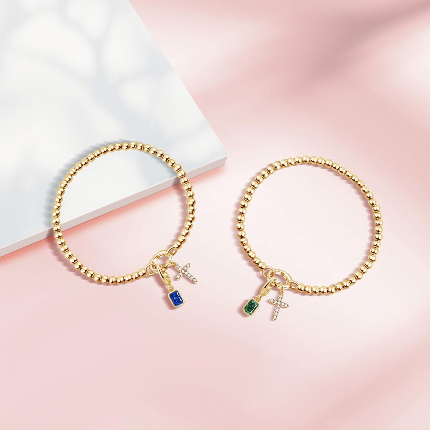 Free bird Cross Birthstone Bracelet | Dainty 14K Gold Plated Cross Charm Bracelet | Stretchable Elastic Gold Beaded Bracelet