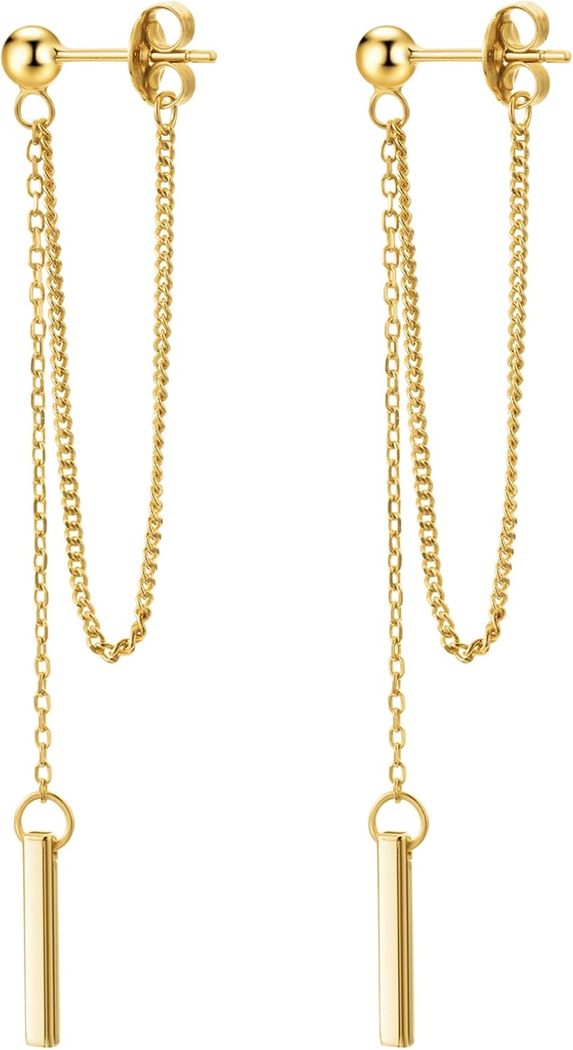 Chain Earrings for Women 18K Gold Plated Dainty Bar Drop Dangle Hypoallergenic Line Dangly Jewelry Gift for Teen Girls