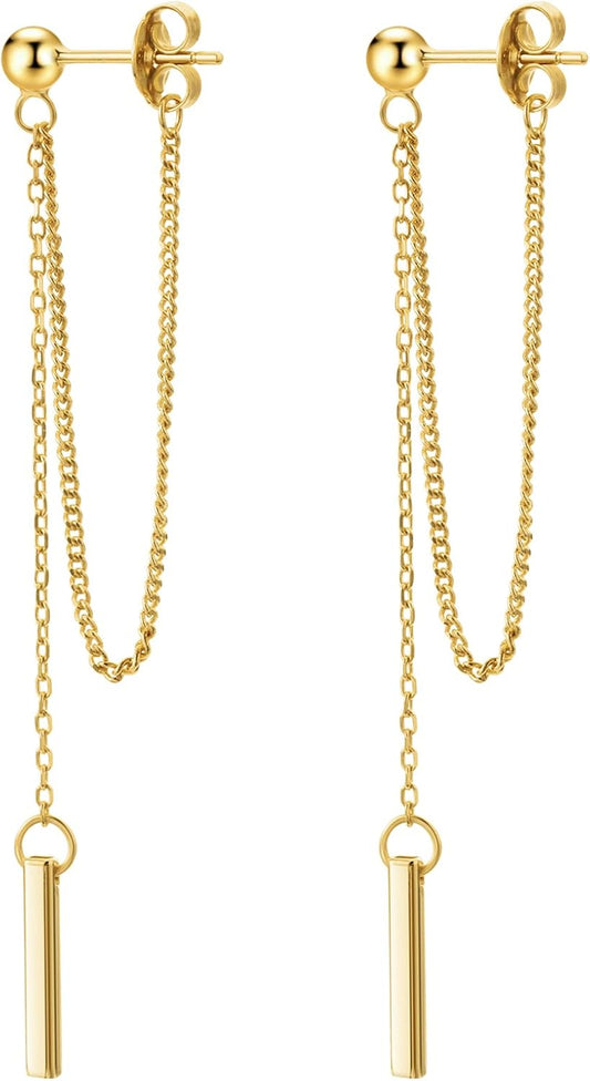 Chain Earrings for Women 18K Gold Plated Dainty Bar Drop Dangle Hypoallergenic Line Dangly Jewelry Gift for Teen Girls