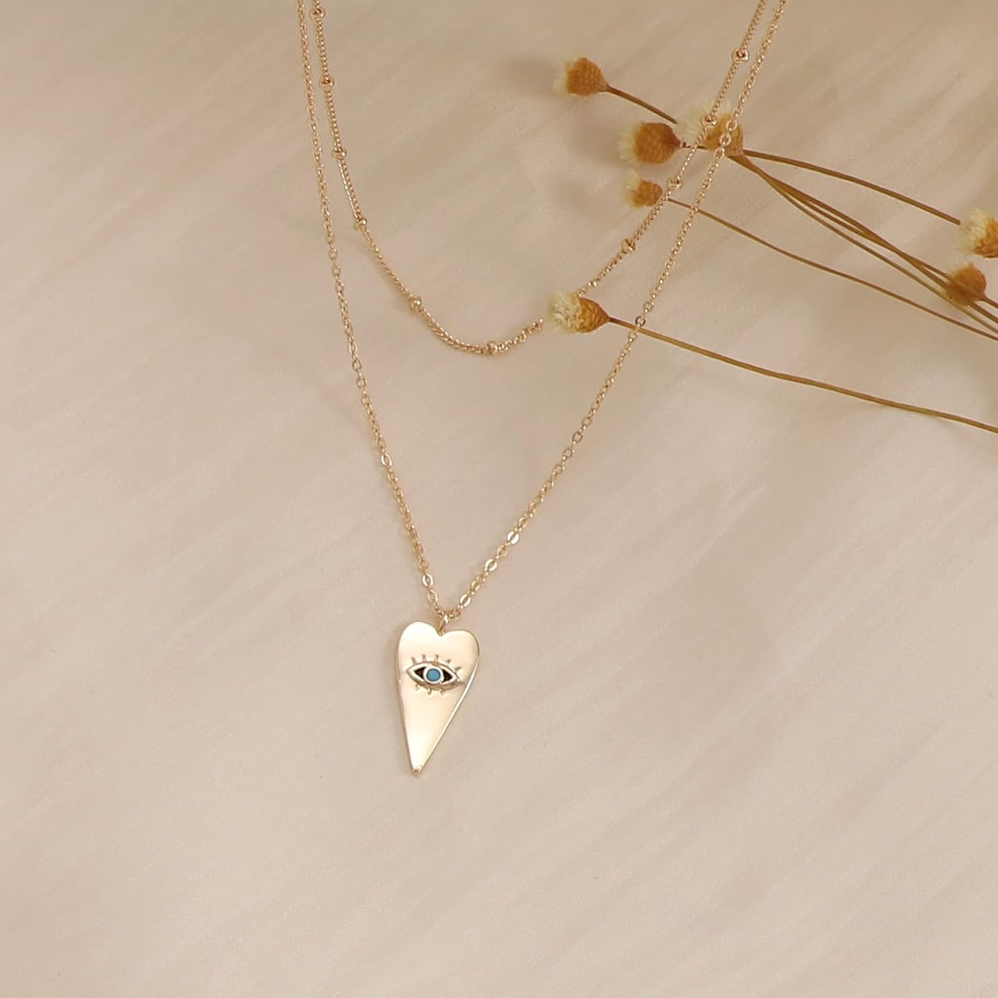 Layered Necklace with Heart & Arrow Pendant, 18k Gold Plated Dainty Choker for Women