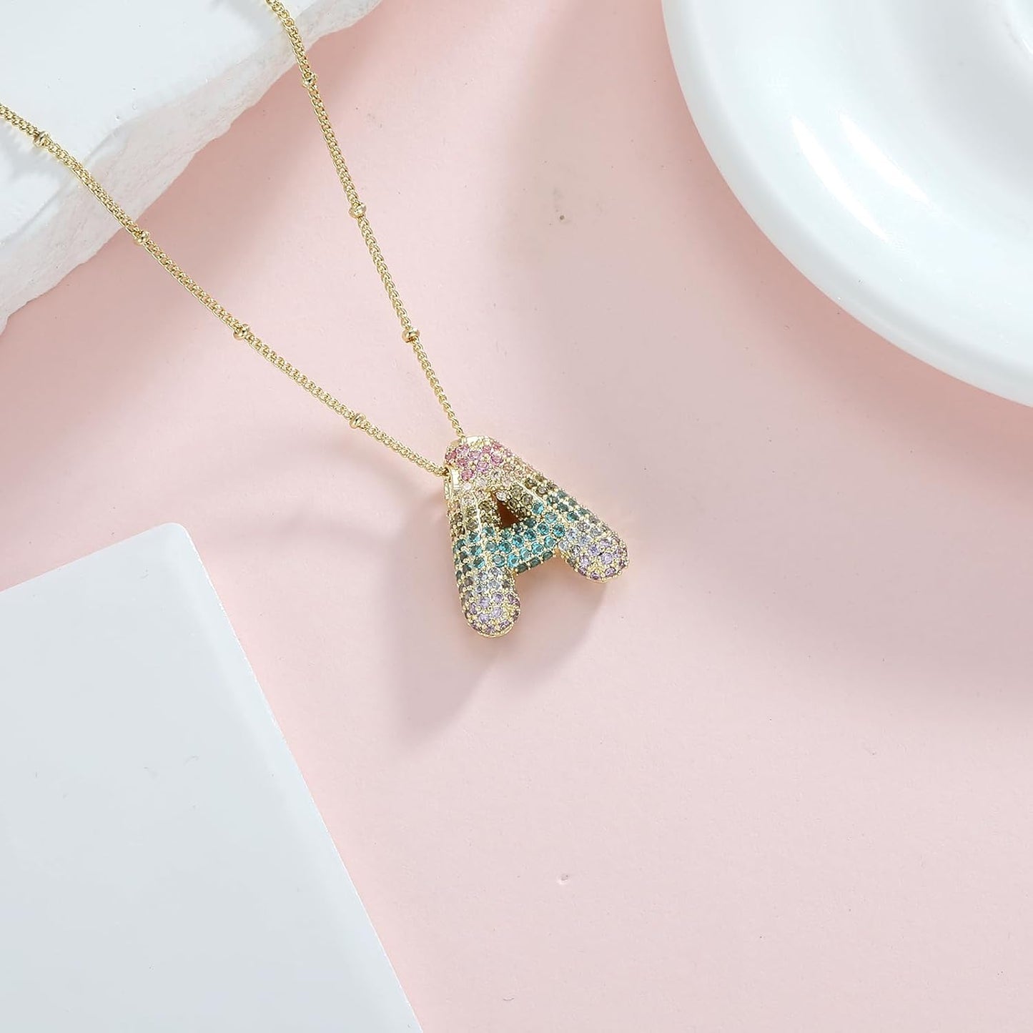 Gradient Balloon Initial Necklace - 14K Gold Plated CZ Letter Pendant Dainty Gift for Her
