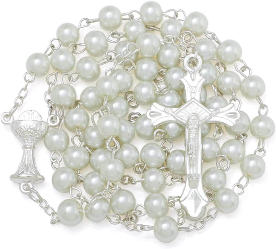 6mm Pearl Rosary Beads With Crucifix - Women's Catholic Prayer Necklace, Gift Box & Pouch Included