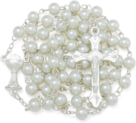 6mm Pearl Rosary Beads With Crucifix - Women's Catholic Prayer Necklace, Gift Box & Pouch Included