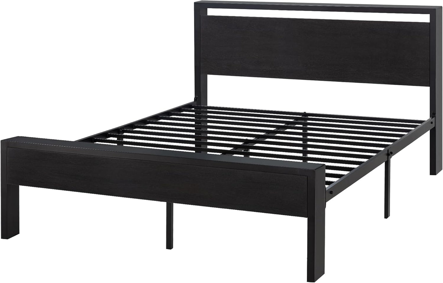 Queen Size Metal Platform Bed Frame with Wooden Headboard and Footboard, Mattress Foundation, No Box Spring Needed