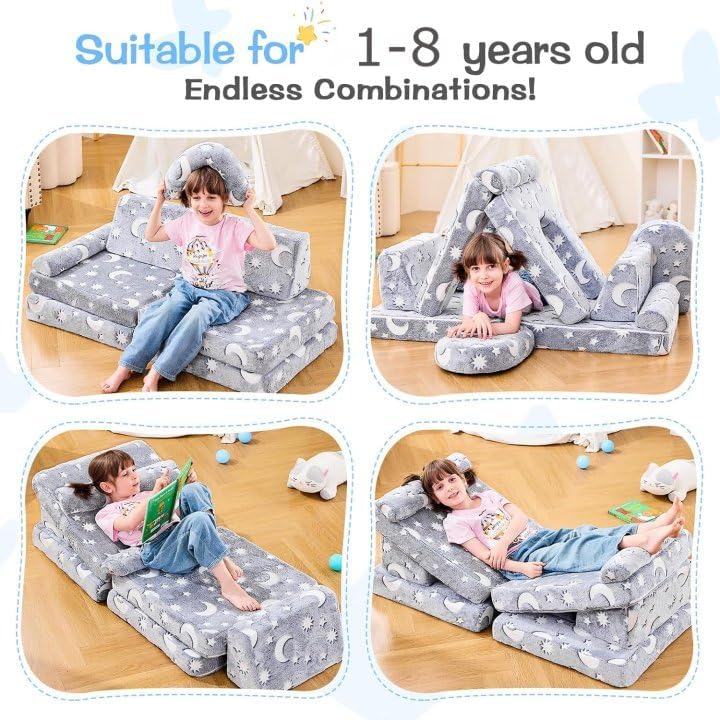 Modular Kids Sectional,Bedroom and Playroom Furniture,Convertible Foam and Floor Cushion ,Glow in The Dark