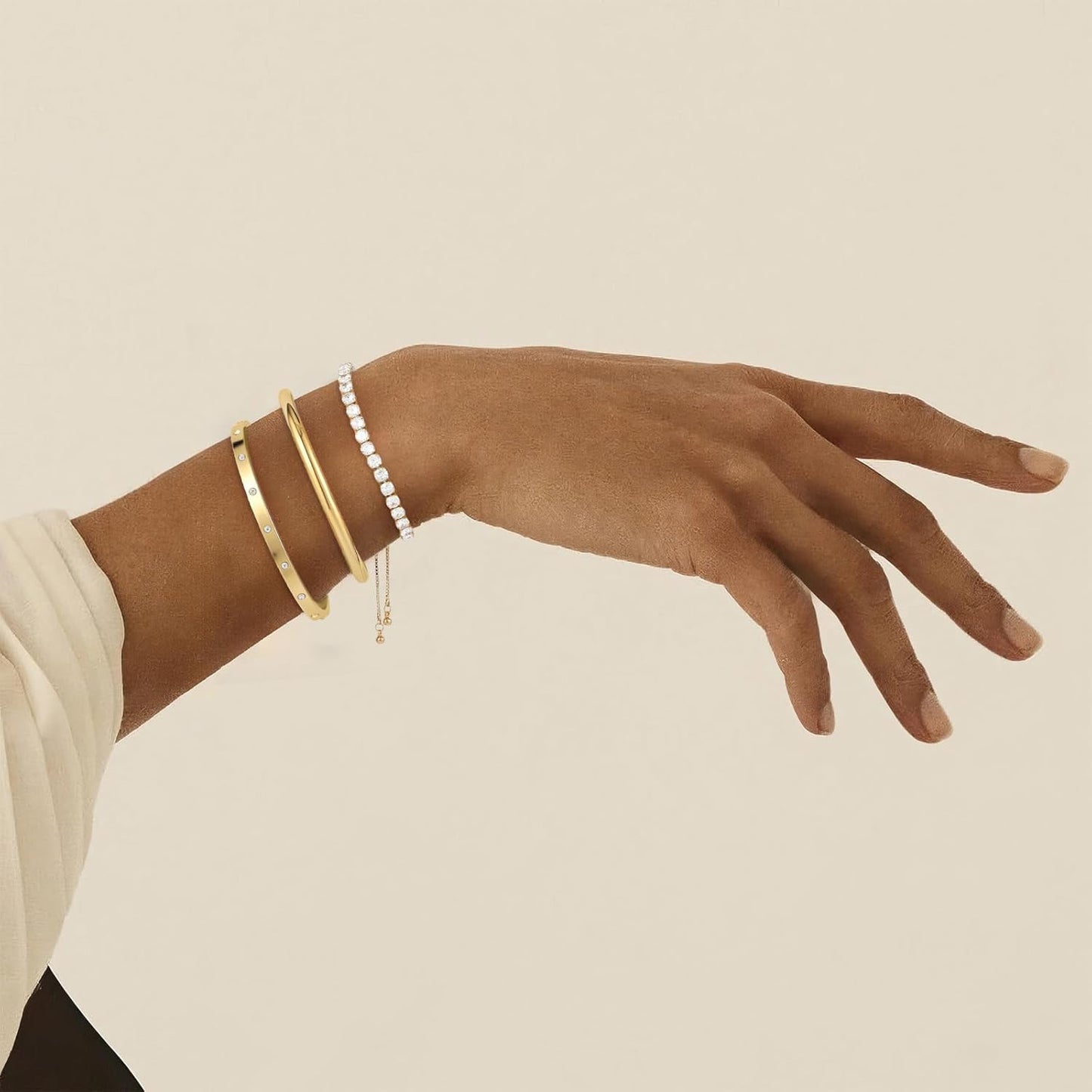Yowivon Dainty 14K Gold Plated Bracelets for Women, Adjustable Slider Cuff Bangle Bracelets, Gold Curved Bar Hammered Bangle
