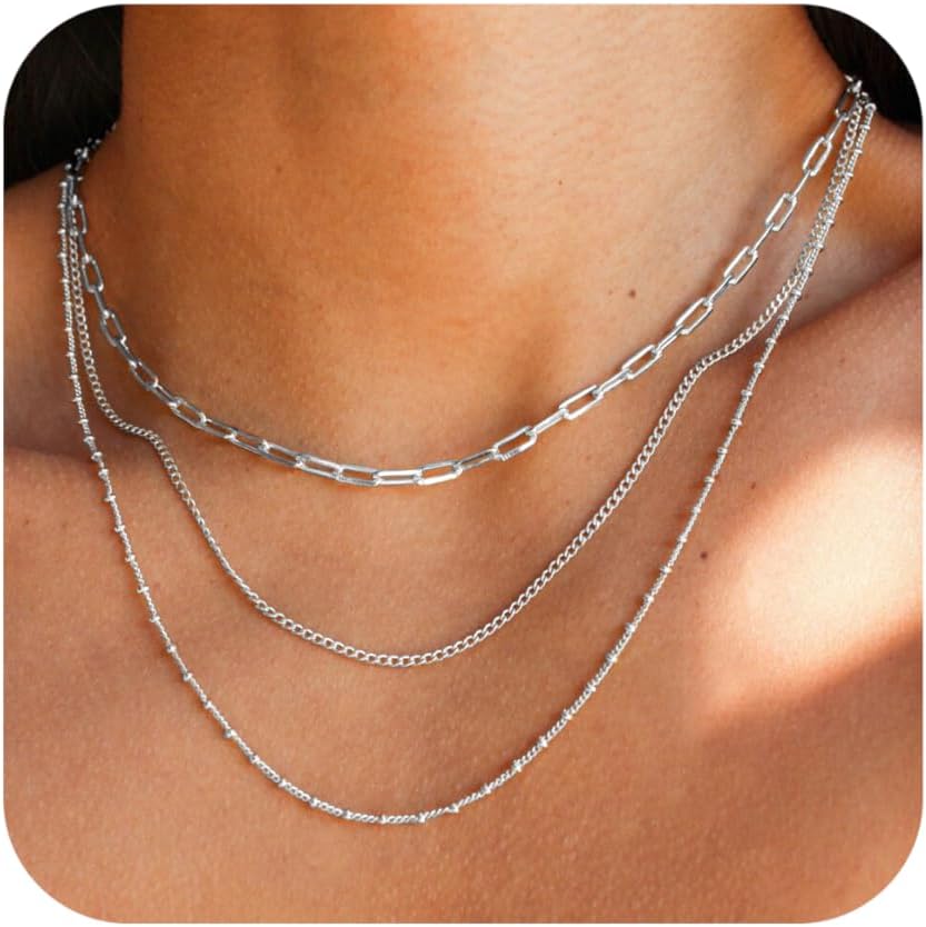 Waterproof Non-Tarnish Necklace Set, 18K Gold Plated Layered Dainty Chains, Stackable Jewelry Gift for Women