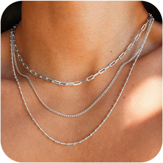 Waterproof Non-Tarnish Necklace Set, 18K Gold Plated Layered Dainty Chains, Stackable Jewelry Gift for Women