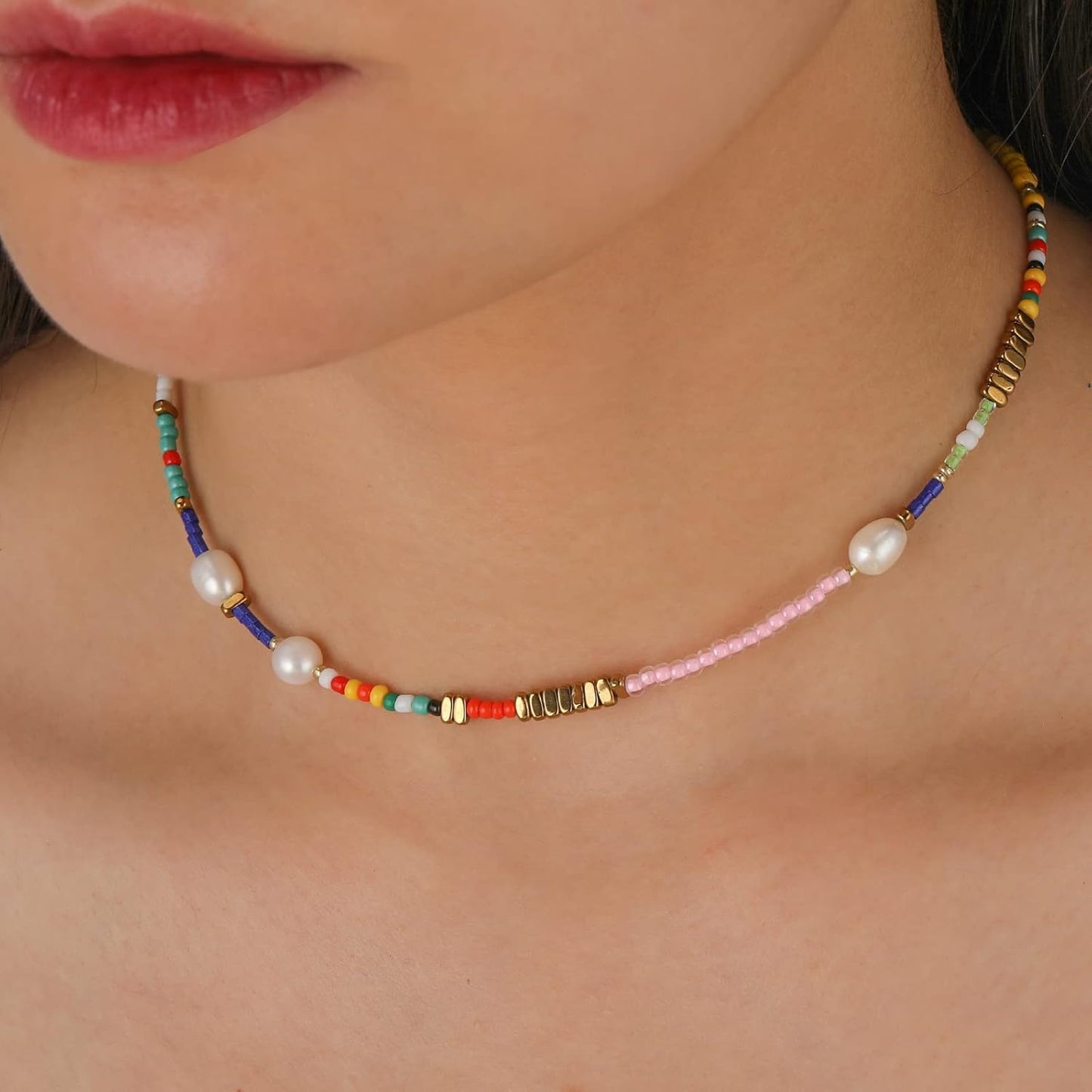 Colorful Beaded Necklace - Freshwater Pearl & Evil Eye Pendant, Stainless Steel 18K Gold Plated Y2K Trendy Jewelry for Women & Teen Girls