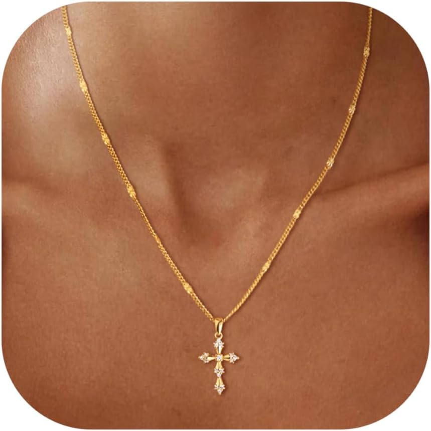Stackable Cross Pendant Necklace: 14K Gold Plated Simple Silver Charm Choker for Her, Women and Teens