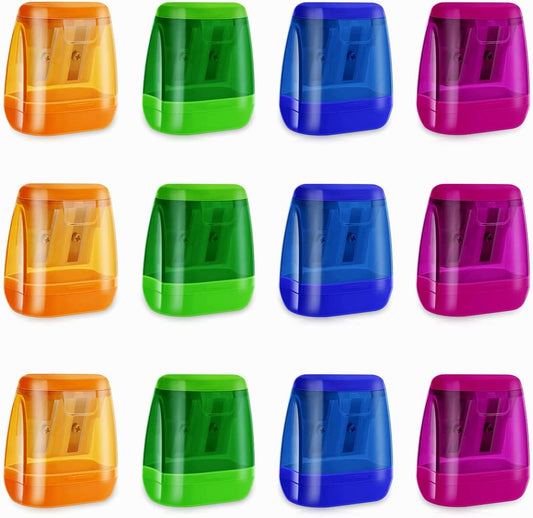 OMOMMD 12 Pcs Manual Pencil Sharpener for School Office Home Pencil Sharpeners for Kids with Lid Colored Compact Dual Holes Portable Handheld Plastic Pencil Sharpener for Adults Students Class Home Office