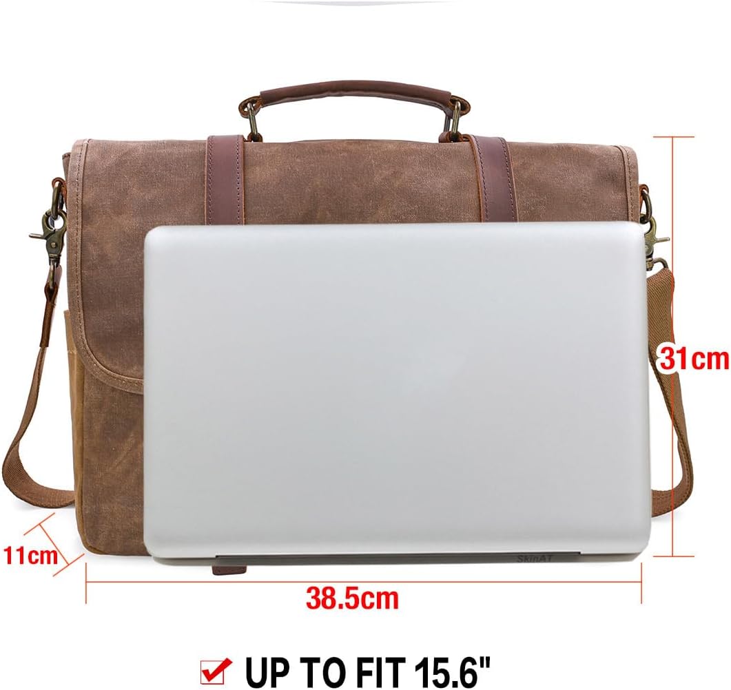 15.6 Inch Mens Messenger Bag Waterproof Vintage Genuine Leather Waxed Canvas Briefcase Large Leather Computer