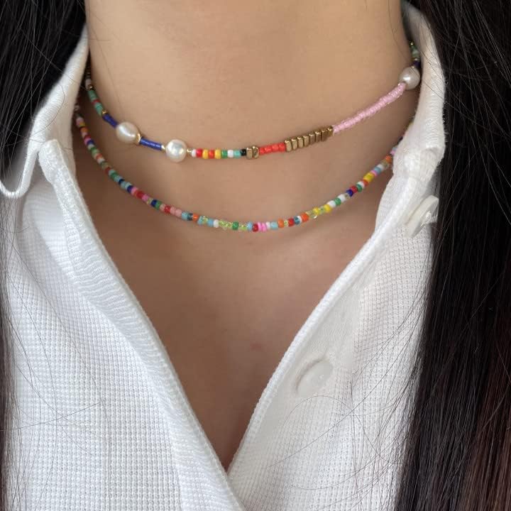 Colorful Beaded Necklace - Freshwater Pearl & Evil Eye Pendant, Stainless Steel 18K Gold Plated Y2K Trendy Jewelry for Women & Teen Girls