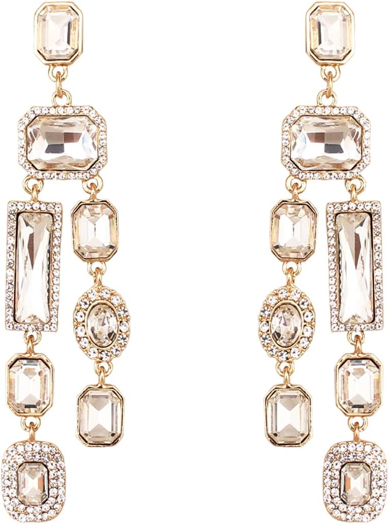 Vintage Rectangle Teardrop Chandelier Earrings, Art Deco Wedding Austrian Crystal Drop Dangle Earrings for Women Party Prom